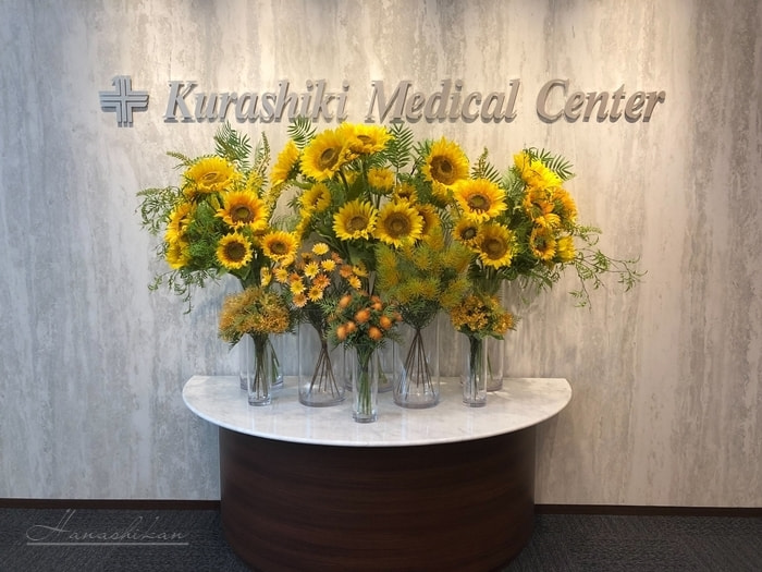 病院受付カウンターに飾る向日葵のディスプレイレンタルフラワー